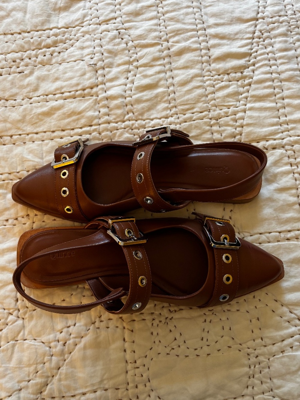 Quince Italian Leather Bold Buckle Slingback Flat Cognac 9